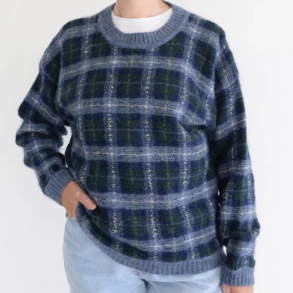 Vintage Northern Reflections Navy &  Blue Checker 48% Wool Crewneck Sweater XL